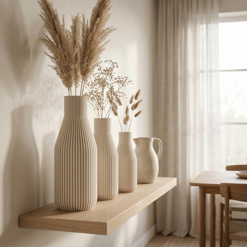 Minimal Vase mit feinen Rillen – Schlanke Flaschenform, Mattes Finish, 3D Druck, Höhen 11–25 cm