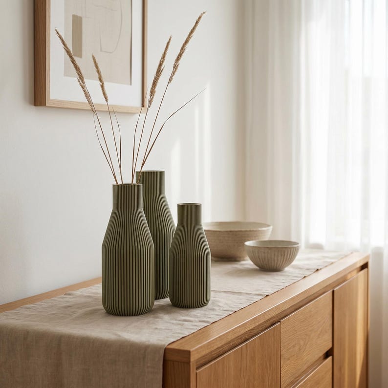 Minimal Vase mit feinen Rillen – Schlanke Flaschenform, Mattes Finish, 3D Druck, Höhen 11–25 cm