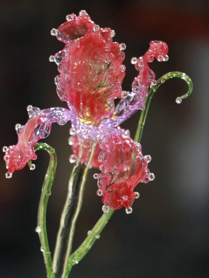 Irisblume aus Glas, lila Glasskulptur, florale Wohndekoration, 20-23 cm