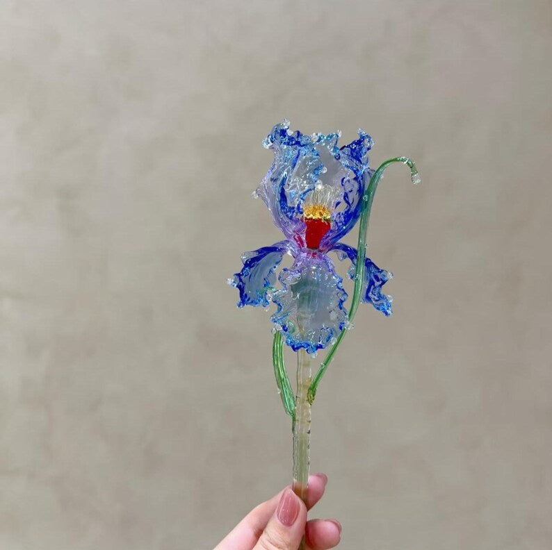 Irisblume aus Glas, lila Glasskulptur, florale Wohndekoration, 20-23 cm