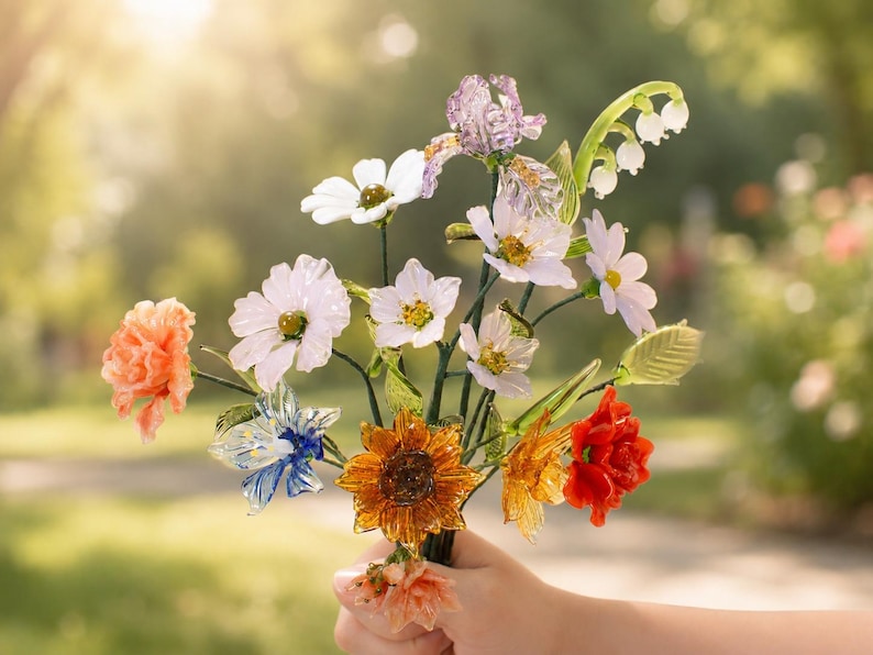 Handgefertigte Glas Geburtsmonat Blume, Drahtstiel Blumenstrauß, Zeitloses Andenken