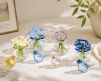 Handgefertigter Glasblumenstrauß mit Glasvogelfigur, Miniatur-Glaskunst, durchscheinend, 1,8 x 1,8 Zoll
