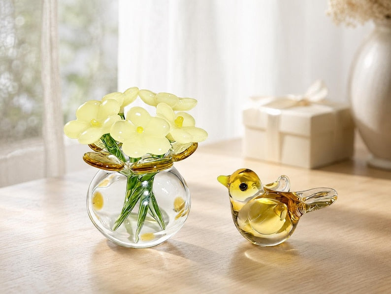 Handgefertigter Glasblumenstrauß mit Glasvogelfigur, Miniatur-Glaskunst, durchscheinend, 1,8 x 1,8 Zoll