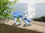 Handgefertigter Glasblumenstrauß mit Glasvogelfigur, Miniatur-Glaskunst, durchscheinend, 1,8 x 1,8 Zoll