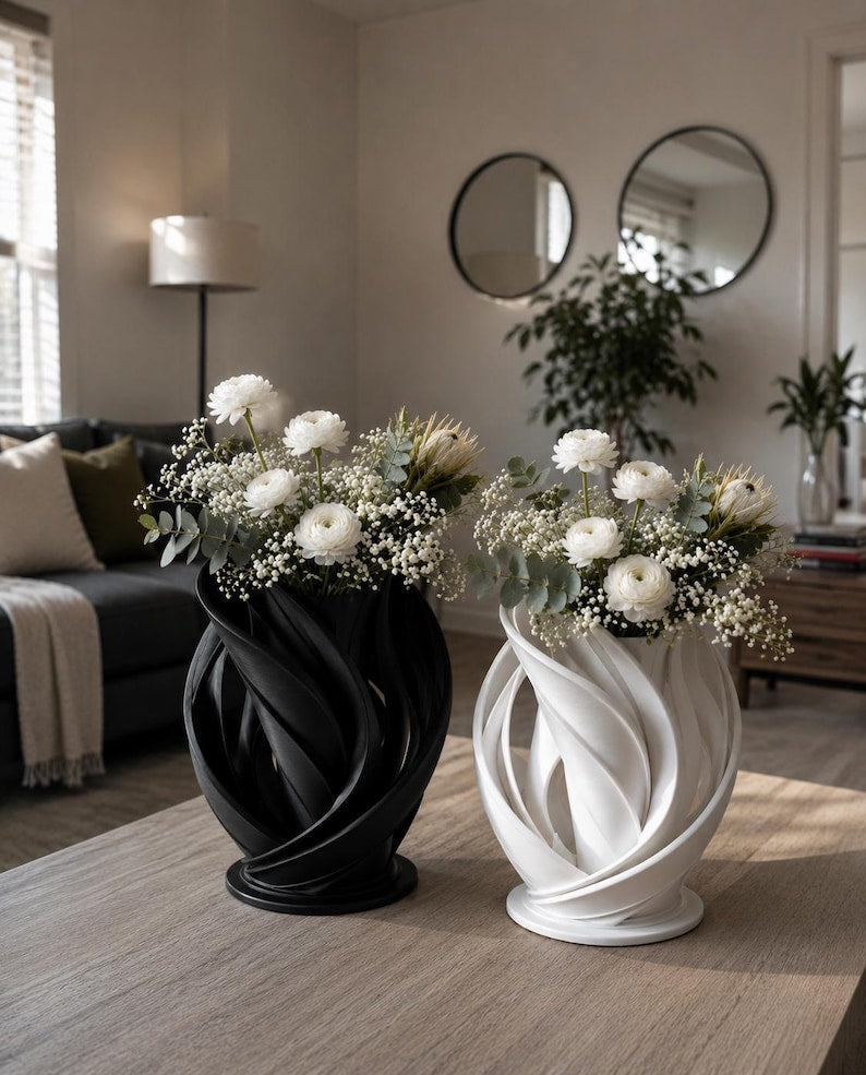 Moderne Skulpturvase, wellenförmiges Deko-Objekt, mattes Weiß, elegantes abstraktes Kunstwerk für Wohnzimmer, Büro