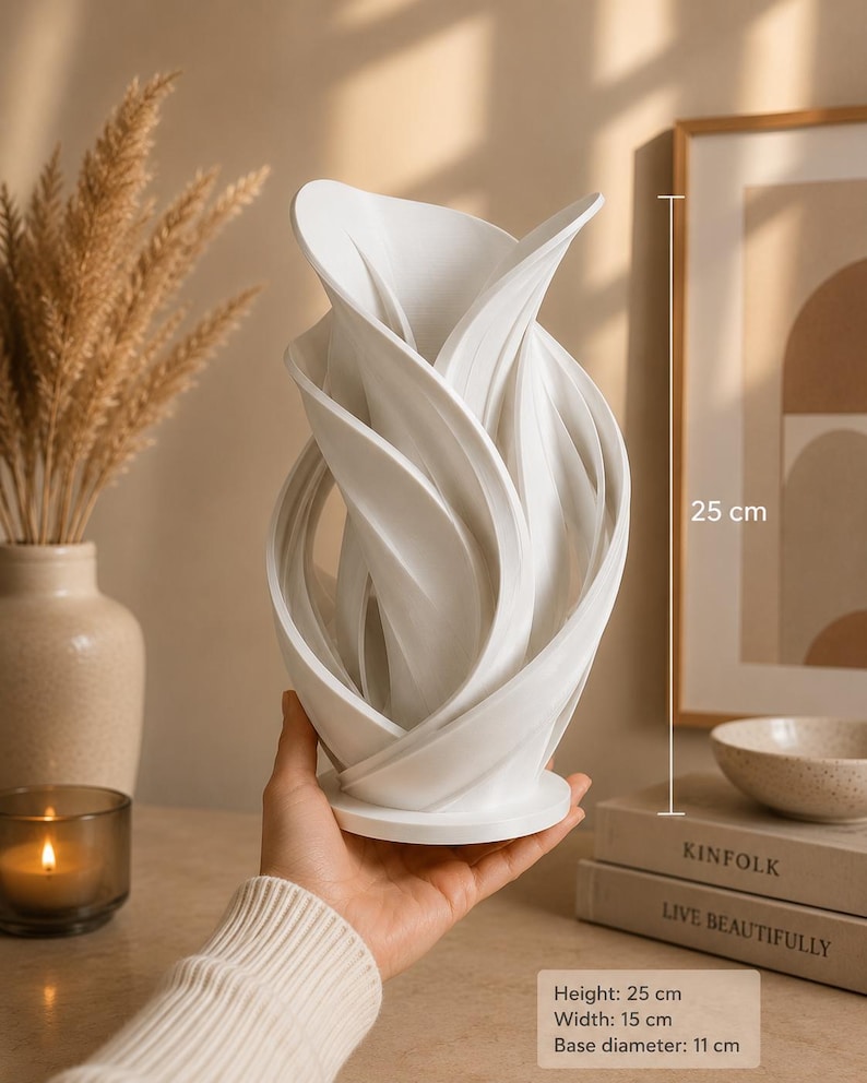 Moderne Skulpturvase, wellenförmiges Deko-Objekt, mattes Weiß, elegantes abstraktes Kunstwerk für Wohnzimmer, Büro