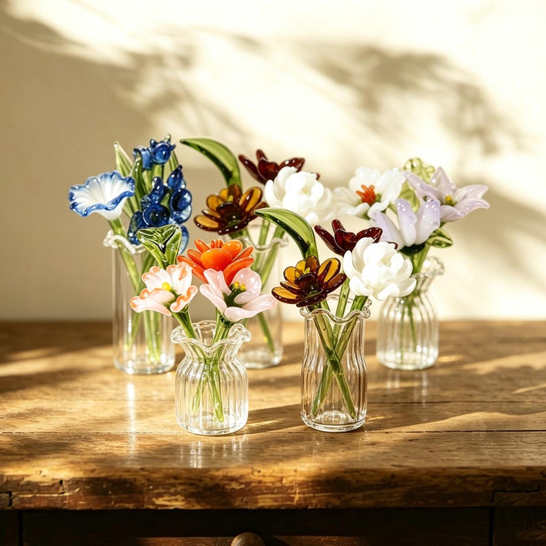 Mundgeblasener Glasblumenstrauß mit Mini-Vase - Handgefertigte Schreibtischdekoration