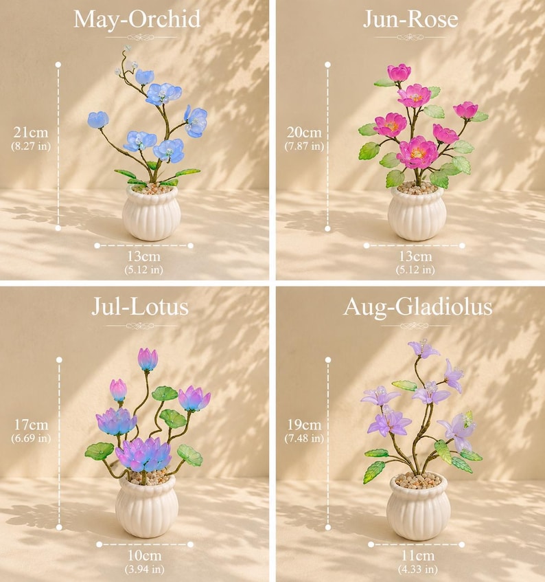 Handgefertigte Glas-Kamelien-Blumenarrangement, Geburtsmonatsblume, Dekoration, 15-21 cm