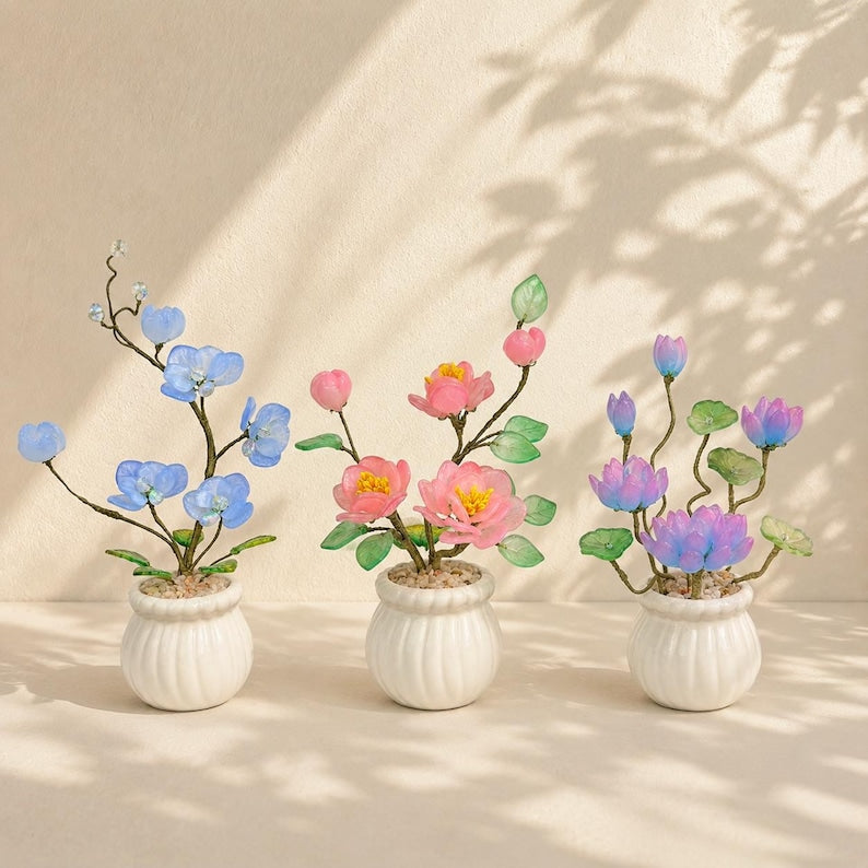 Glas-Glyzinien-Arrangement, handgefertigte immergrüne Blumen, lila, Geburtstagsgeschenk