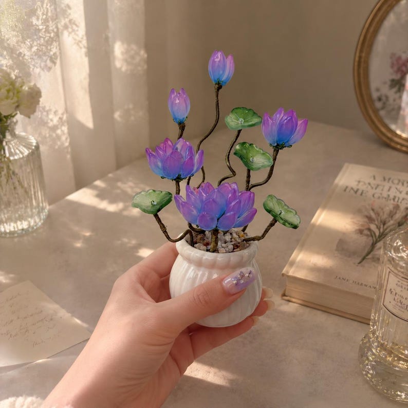Handgefertigte Glas-Kamelien-Blumenarrangement, Geburtsmonatsblume, Dekoration, 15-21 cm