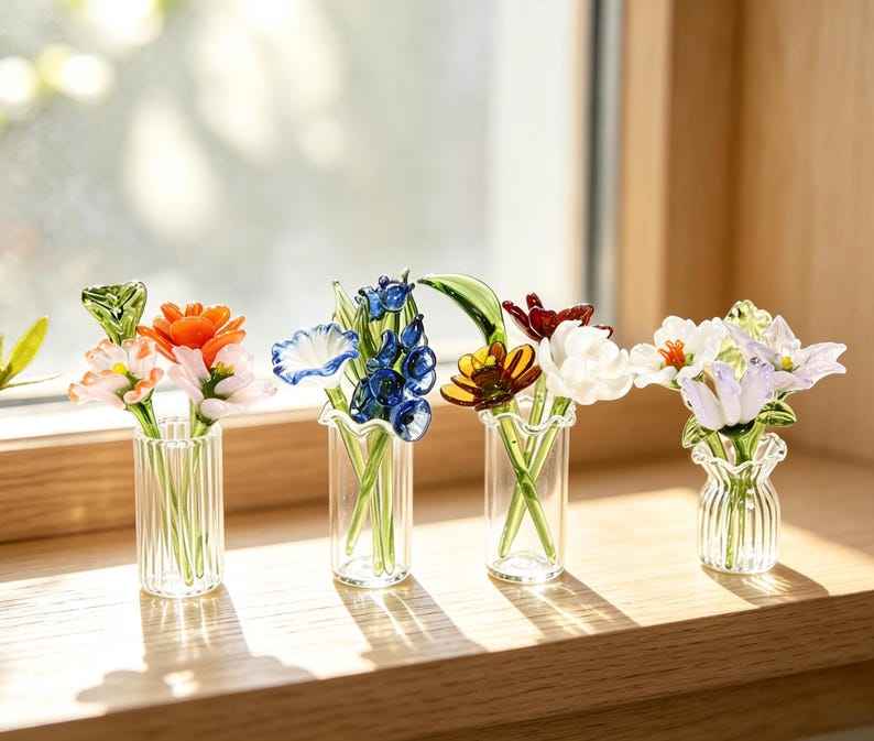Mundgeblasener Glasblumenstrauß mit Mini-Vase - Handgefertigte Schreibtischdekoration