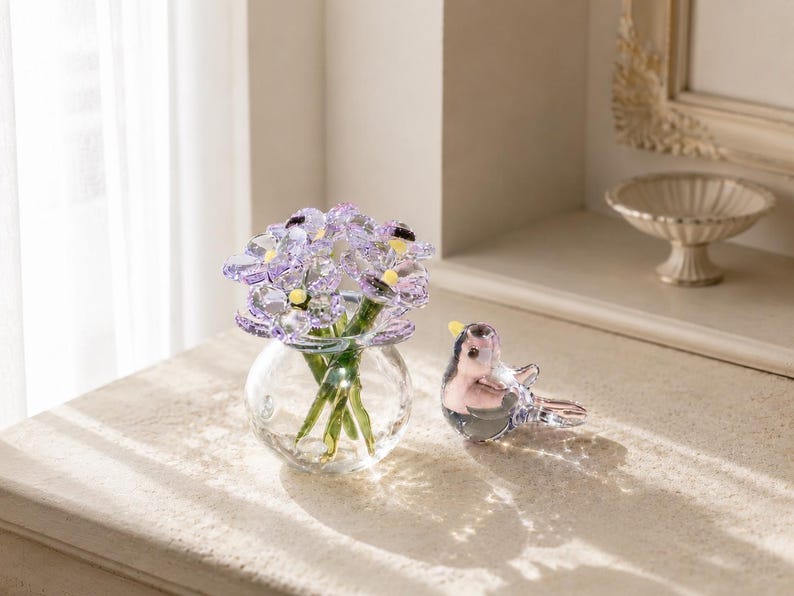 Handgefertigter Glasblumenstrauß mit Glasvogelfigur, Miniatur-Glaskunst, durchscheinend, 1,8 x 1,8 Zoll