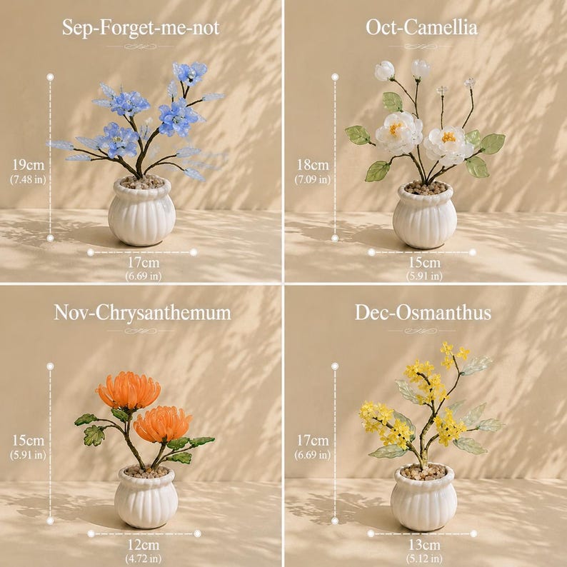 Handgefertigte Glas-Kamelien-Blumenarrangement, Geburtsmonatsblume, Dekoration, 15-21 cm