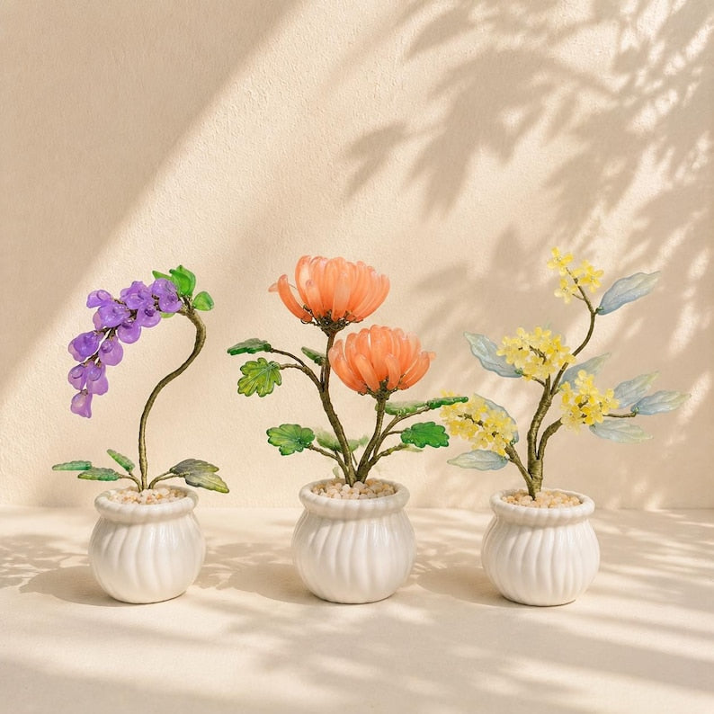 Glas-Glyzinien-Arrangement, handgefertigte immergrüne Blumen, lila, Geburtstagsgeschenk