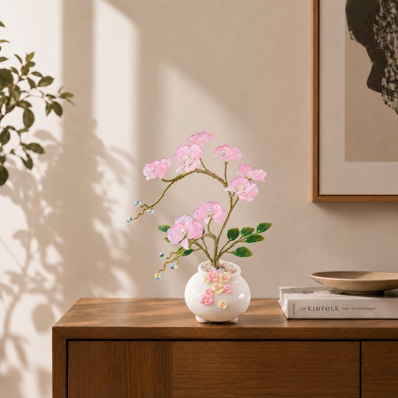 Rosafarbene Glas Orchidee Blumendekoration, Handgefertigt, 22 cm Höhe