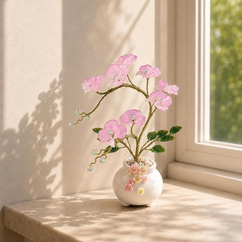 Rosafarbene Glas Orchidee Blumendekoration, Handgefertigt, 22 cm Höhe